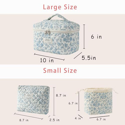 3pcs Large Cotton Quilted Makeup Bag Set,Coquette Aesthetic Cute Travel Toiletry Bag,Drawstring Gift Bag for Women and Girls(3Pcs Light Blue) - color: 3Pcs Light Blue