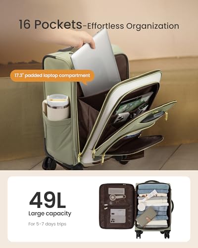 LOVEVOOK 49L Carry on Luggage 22x14x9 Airline Approved, 22 Inch Large Rolling Suitcase with Suit Folder & Spinner Wheels, Lightweight Underseat Carryon Luggage for Women Travel Business with TSA Lock - color: Khaki-beige, size: 22 Inch With Garment Compar