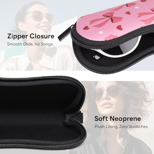 Sunglasses Case with Belt Clip, Ultra Light Neoprene Zipper Soft Padded Glasses Case for Women Men - color: Pink Bow