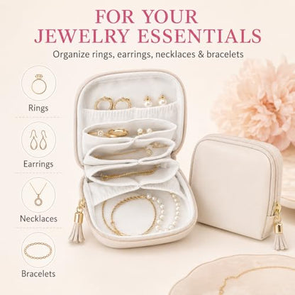 2 Pcs Travel Jewelry Case for Women - Small Jewelry Organizer Box with Velvet Lining, Portable PU Leather Jewelry Storage Case for Necklaces Earrings Rings Bracelets, Cream White