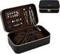 Travel Jewelry Organizer Case for Women Girls, Small Portable Jewelry Box with Compartments, Drawstring Pouch, Waterproof PU Leather Storage for Rings Earrings Necklace Bracelet, Mom Wife Gift – Black