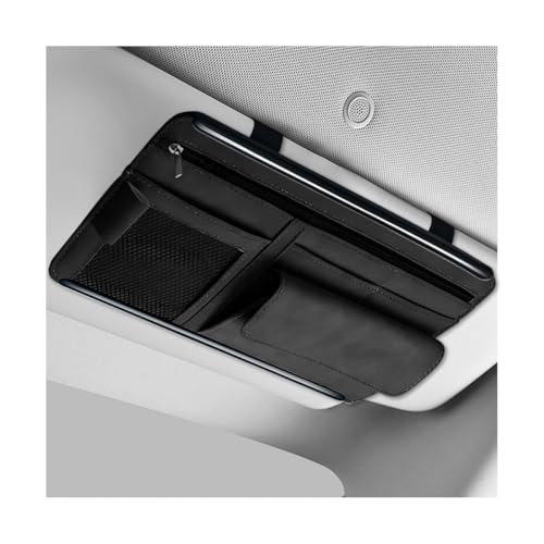 Car Sun Visor Organizer, Leather Sun Visor Pocket Organizer Case with Multi-Pocket Net Zipper, Suede Note Holder Car Visor Storage Pouch for Card Pen Sunglasses Document (Black) - color: Black