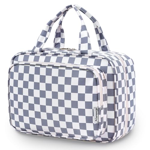 Narwey Travel Toiletry Bag for Women Large Hanging Makeup Bag Organizer Toiletries Bag for Full Size Essentials Accessories Cosmetics (Grayish Blue Checkerboard (Large)) - color: B-Grayish Blue Checkerboard, style: Large