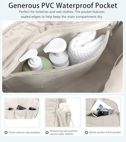 Lightweight Travel Duffle Bag for Women, Quilted Puffy Weekender with Wet Pocket for Gym, Overnight, Personal Item Carry On, Beige - color: Beige