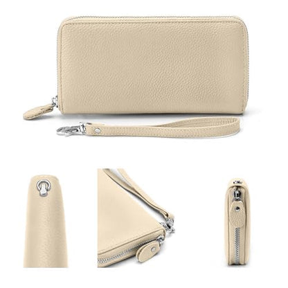 Moflycom Womens Wallet RFID Blocking Genuine Leather Zip Around Wallet Clutch Wristlet Travel Long Purse for Women - color: Y1-Beige