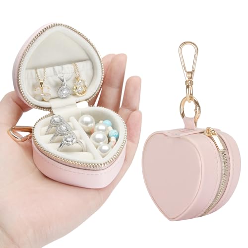 KUKUVR Mini Heart Jewelry Box with Keychain, Portable Travel Jewelry Organizer Case for Rings Earrings Necklaces, Small Gift for Women Travel Gym Daily Use (Pink) - color: Pink