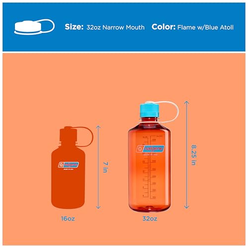Nalgene 32 oz Narrow Mouth Water Bottle | BPA-Free, Durable & Leak Proof, Lghtweght for Hkng & Gym – Thrll & Moton, Flame w/Blue Atoll - color: Flame w/Blue Atoll, size: 32 Ounces