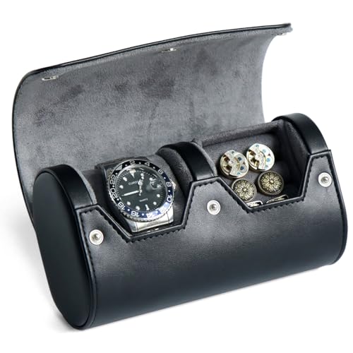 Watch Roll Travel Case, Mens Single Watch And Cufflink Box Case with Suede Lining, Portable Watch Cufflink Display Storage and Organizer to Holder Large Watch, Cufflink Travel Case For Men - color: Black 1 Slot Watch and 1 Slot Cufflink box
