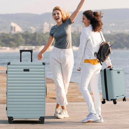 Merax Luggage Sets Front Opening, 3 Piece Hardshell Suitcase with Spinner Wheels and Bags,Lightweight Carry on Luggage with USB Port and Cup Holder,20+24+28,Light Blue - color: Light Blue, style: Front Open-20/24/28