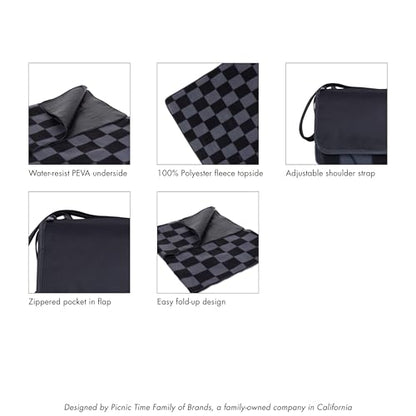 Picnic TIME Outdoor Picnic Blanket Tote, 59"x51" Foldable Beach & Camping Blanket with Soft Fleece, Water-Resistant Bottom, Adjustable Strap & Zippered Pocket (Black Checkers) - color: Black Checkers
