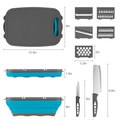 Gintan Collapsible Camping Cutting Board, 9-in-1 Chopping Board with Colander, Kitchen Vegetable Washing Basket for Camping, Camping Gifts Camping Accessories for RV Campers (Blue+Grey) - color: Blue Gray