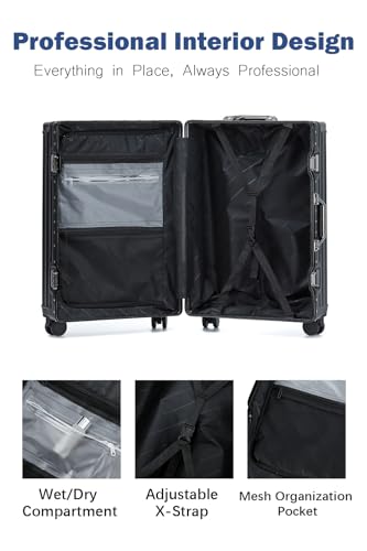 HotWay 26 Inch Aluminum Frame Luggage with Spinner Wheels, PC Hard Shell Suitcase with Cup Holder, Zipperless Luggage for Business Travel, Black - color: Black (PC+Aluminum), size: Checked in 26inch