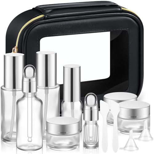Jingmore 13 Pcs Glass Skincare Travel Containers Mini Makeup Containers Travel Size Toiletries Bottles with Pump Spray and PU Leather Toiletry Bag for Liquid Serum Cream Moisturizers Oils (Silver) - color: Silver