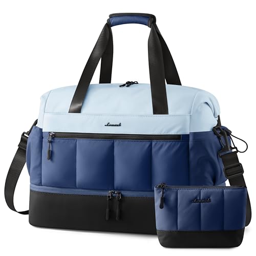 LOVEVOOK Travel Duffel Bag, Weekender Bags for Women, Large Overnight Bags with Shoe Compartment, 38L Carry on Gym Hospital Bag with Wet Pocket, 2 Pcs - color: Dark Blue-Light Blue-Black, size: Large-2 Pcs