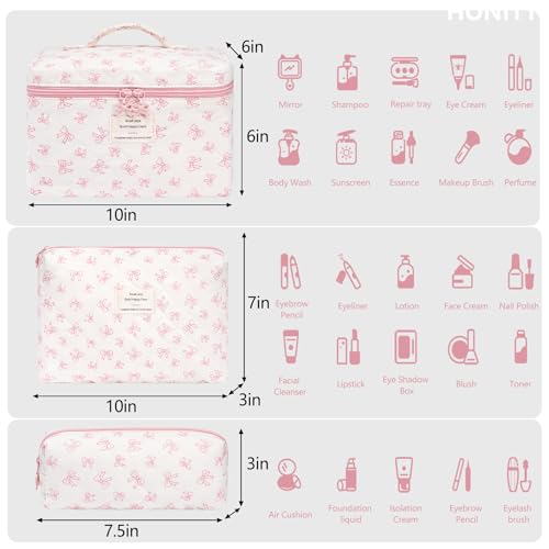honitty Makeup Bag,Quilted Cosmetic Bags,Large Floral Make Up Organize bag,Makeup Bag Set for Women,Flower Travel Toiletry Bag - color: Bow-2