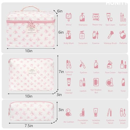 honitty Makeup Bag,Quilted Cosmetic Bags,Large Floral Make Up Organize bag,Makeup Bag Set for Women,Flower Travel Toiletry Bag - color: Bow-2