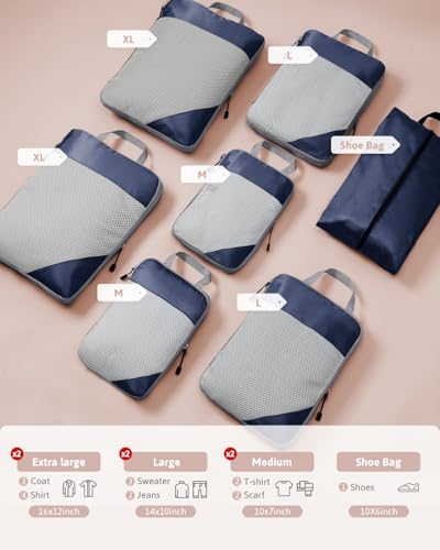 Meowoo 7 Set Compression Packing Cubes for Travel, Durable Ripstop Mesh Suitcase Organizer with Shoe Bag, Ultralight & Expandable Space Saver Travel Cubes - color: Navyblue