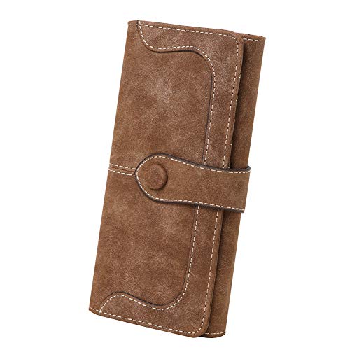 Women's Vegan Leather 17 Card Slots Card Holder Long Big Bifold Wallet - color: Coffee