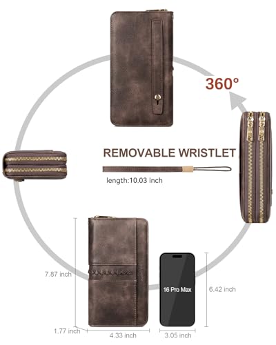 BOSTANTEN Wallets for Women Leather RFID Double Zipper Around Credit Card Holder Large Capacity Wristlet Clutch Wallet - color: T-coffee