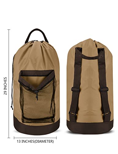 Dalykate Backpack Laundry Bag, Laundry Backpack with Shoulder Straps and Mesh Pocket Durable Nylon Clothes Hamper Bag with Drawstring Closure for College, Travel, Laundromat, Apartment - color: Golden Brown