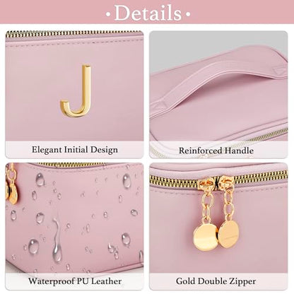 Personalized Initial Makeup Bag Gifts for Women, Large Travel Cosmetic Organizer with Handle & Divider, PU Leather Toiletry Bag for Girls, Birthday Bridesmaid Gift Set - Pink - J - color: Pink, style: J
