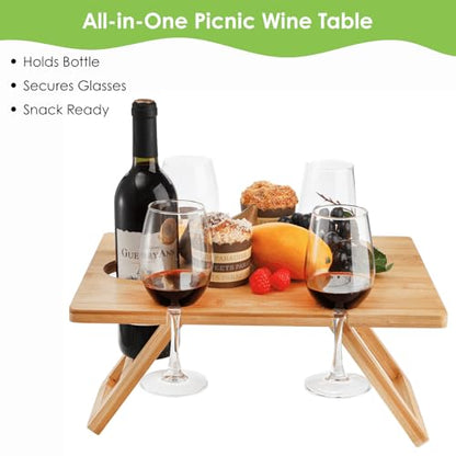 Youeon Portable Wine Picnic Table with 5 Wine Glasses Holder, Foldable Champagne Picnic Snack Table, Wine and Cheese Table for Picnic, Camping, Park, Beach, Wine Lover Gift