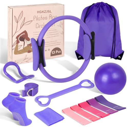 Pilates Kit for Women 13PCS, Pilates Ring and Ball Set with Magic Circle, Resistance Bands Set, Figure 8 Band, Yoga Ring & Grip Socks, Home Workout Equipment Essentials Starter Kit for Beginners - color: Purple