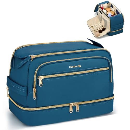 Hanke Travel Toiletry Bag, Lightweight Wide-open Makeup Bag, Dual-Layer Travel Bag for Toiletries Water-Resistant Cosmetic Bags Large Toiletry Bags for Women & Men, Travel Essentials, Navy Blue - color: Navy Blue