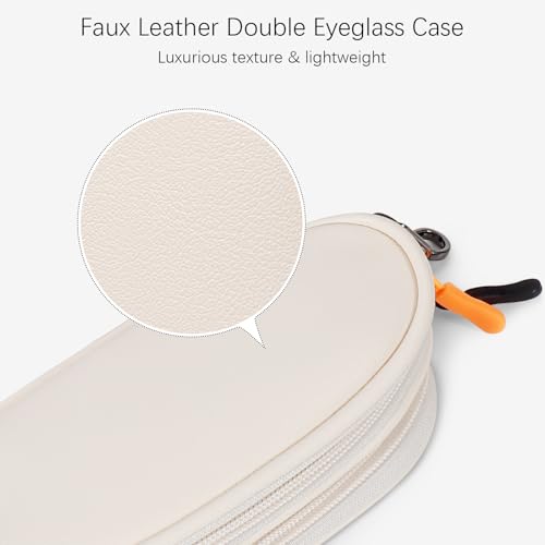 Double Eyeglasses Case Soft Portable Zipper Sunglasses Pouch with Keychain Clip for Men Women - color: Cream Pu