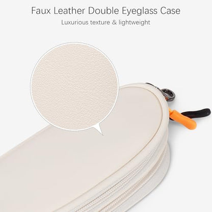 Double Eyeglasses Case Soft Portable Zipper Sunglasses Pouch with Keychain Clip for Men Women - color: Cream Pu
