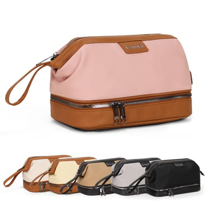 Double-Layer Toiletry Bag, Water-Resistant Hybrid Leather Cosmetic Organizer with Wet/Dry Compartments, 26x15x16cm, Pink - color: Pink