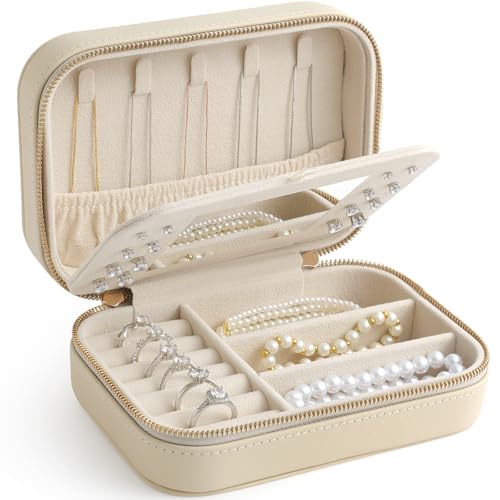 Genuine Leather Travel Jewelry Organizer Case with Mirror for Women, Small Mini Portable Jewelry Box for Ring Earrings Necklace Bracelet Luxury Gift for Women（Beige） - color: Nappa Leather Beige