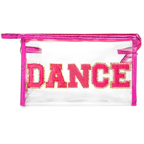 Y1tvei DANCE Clear Makeup Bag - Preppy Hot Pink Dance Chenille Patch Cosmetic Pouch Dancer Recital Survival Kit Extra Large PVC Transparent Toiletry Bag Waterproof Travel Organizer for Women(Rose Red) - color: Rose red DANCE Rose Red