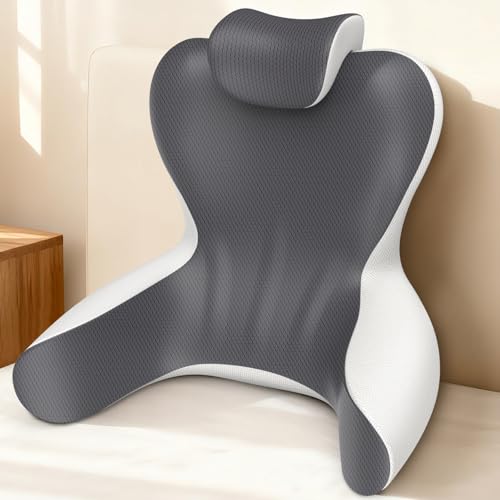 Reading Pillow for Sitting in Bed, 22”H Back Pillow for Sitting Up,Lumbar Rest & Neck Support Bed Pillows,Backrest Bed Chair with Arms for Reclining,Gaming,Resting,Watching TV in Couch or Floor - color: Grey&white