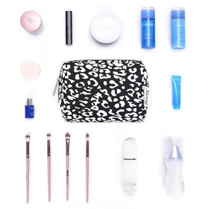 Narwey Small Cheetah Makeup Bag for Purse Mini Cosmetic Bag Travel Makeup Pouch Zipper Pouch Cute Make up Bags with Compartments for Women Girls (Black Leopard, Small) - color: Black Leopard, style: Small