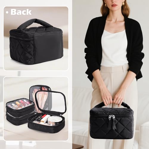 Travel Makeup Bag with 4 Clear Cases, Large Quilted Cosmetic Organizer for Women, Puffy Storage Bag for Cosmetics, Photos or Pill Bottles, Black (Empty Bag)