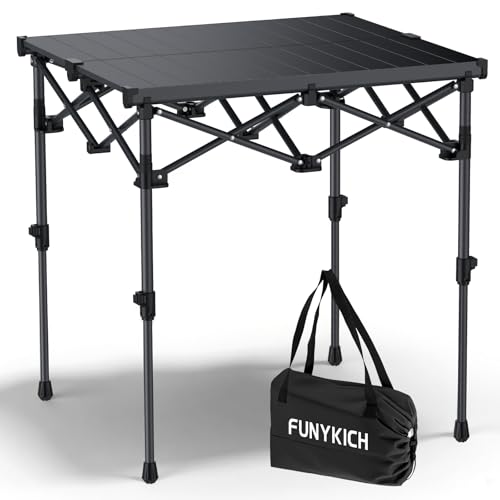 FUNYKICH Folding Camping Table(L26.4''xW22.8''), Aluminum Roll-up Portable Picnic Table with 2 Adjustable Height(17.3'' & 27.6'') for Picnic, Camping, BBQ, Party, Backyard, Beach - size: 26.4''L x 22.8''W x (28''/17.3'')H