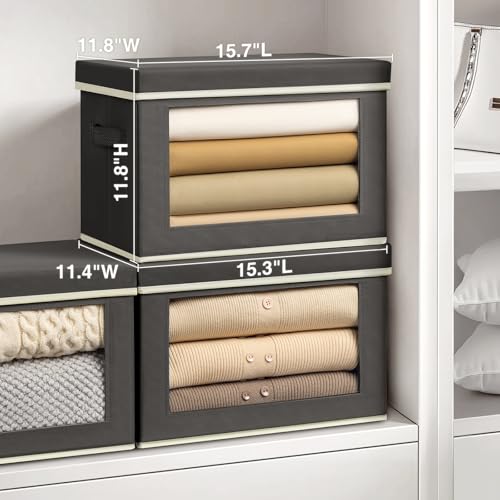 Homsorout Stackable Storage Bins with Lids - Large Storage Box with Lids, Foldable Closet Boxes for Organizing, Wardrobe Clothes Organizer with Window, Cubes Bins for Living Room, 4 Pack, Dark Grey - color: Dark Grey, size: XL(4-Pack)
