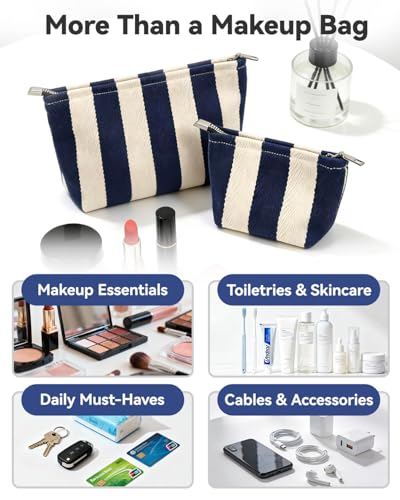 Travel Makeup Bag Set of 2, Preppy Jacquard Pouches for Purse , Navy Blue Striped Makeup Pouch with Smooth Zipper Soft Lining, for Cosmetic Car Organizer, Daily, Gifts, Portable Large & Small Toiletry - style: Striped Blue Canvas