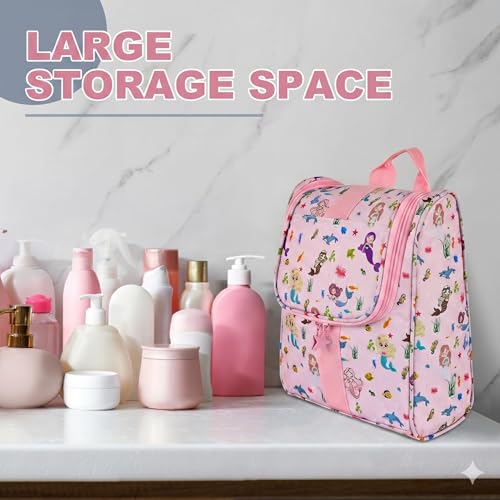 Remobia Hicol Cute Cartoon Hanging Kids Toiletry Bag Children Travel Cosmetic Makeup Organizer Wash Bag Shower bag Over Night Bag Camping Shaving Kit Bag for Boys & Girls (Mermaid Pink) - color: Mermaid Pink