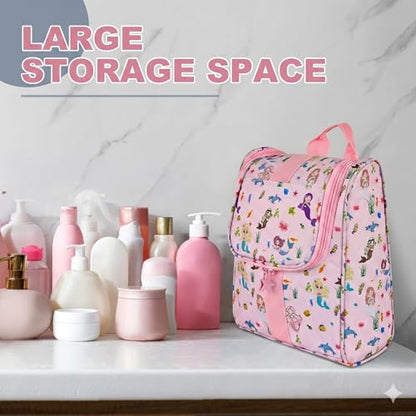 Remobia Hicol Cute Cartoon Hanging Kids Toiletry Bag Children Travel Cosmetic Makeup Organizer Wash Bag Shower bag Over Night Bag Camping Shaving Kit Bag for Boys & Girls (Mermaid Pink) - color: Mermaid Pink