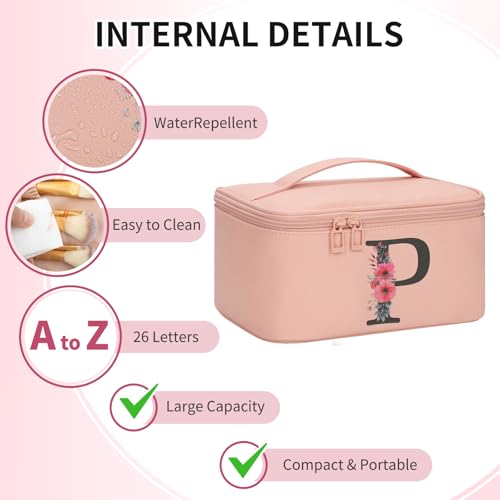 OCHEAL Initial Makeup Bag,Monogram Make up Bag Pink Travel Makeup Organizer Case Beauty Toiletry Cosmetic Bag with Brush Holder, Trendy Stuff Personalized Gifts for Women and Girls-P - color: Pink, style: P