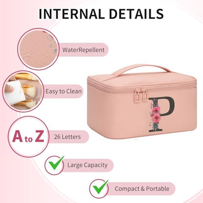 OCHEAL Initial Makeup Bag,Monogram Make up Bag Pink Travel Makeup Organizer Case Beauty Toiletry Cosmetic Bag with Brush Holder, Trendy Stuff Personalized Gifts for Women and Girls-P - color: Pink, style: P