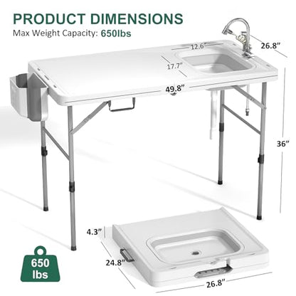 Folding Fish Cleaning Table with Sink, 50"x27" Bi-Folding Portable Camping Sink Station with Drain Hose, Trash Can, Gloves and Cleaning Kits, Foldable Outdoor Sink for Camping, Fishing, BBQ - style: Fish cleaning table Bi-Folding