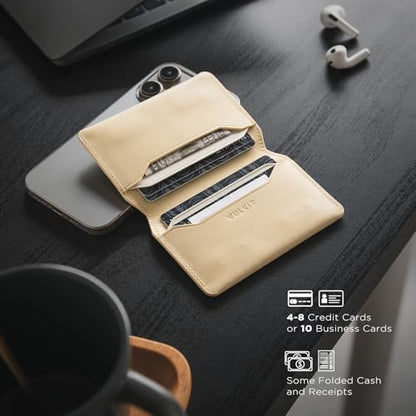 VULKIT Slim Minimalist Card Holder RFID Blocking Leather Credit Card Holder Front Pocket Wallet Magnetic Closure - color: Cream
