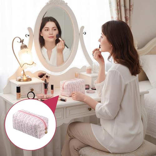 Floral Flowers Toiletry Organizer Makeup, Cute Floral Cotton Makeup Brush Cosmetic Bag Flowers Toiletry Organizer Case Cute Quilted Cotton Pouch for Women (Pink)
