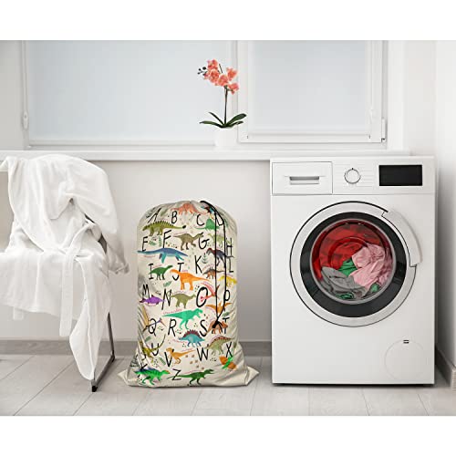 Swono Alphabets XL Laundry Bags, Drawstring Closure Dirty Clothes Bag Organizer, Heavy Duty Large Laundry Bag, Cartoon Dinosaurs Footprint Green Leave Rip-Stop Bags for Camp Travel, 28" x 40" - color: Alphabets