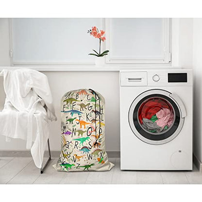 Swono Alphabets XL Laundry Bags, Drawstring Closure Dirty Clothes Bag Organizer, Heavy Duty Large Laundry Bag, Cartoon Dinosaurs Footprint Green Leave Rip-Stop Bags for Camp Travel, 28" x 40" - color: Alphabets