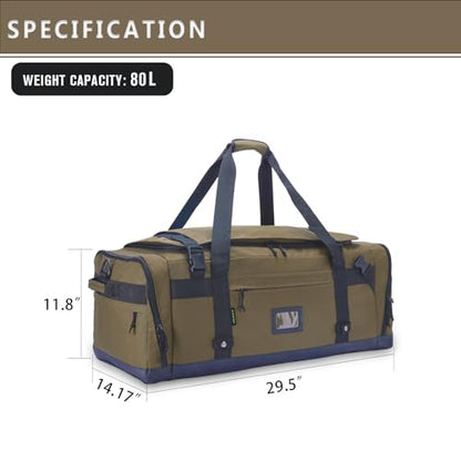 Large Duffle Bag for Travel - Men & Women, Foldable Gym Duffle Backpack, Heavy Duty Tactical Military Canvas Duffel Bags, Extra Big Carry On with Shoe Pockets, Waterproof (80L/103L) - color: Brown, size: M(80L)