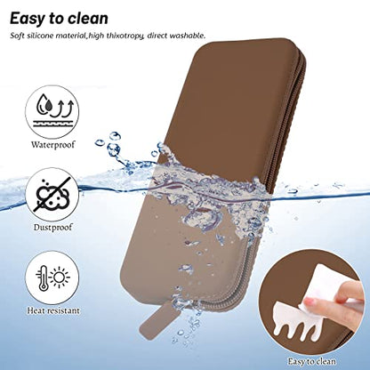 Sakolla Travel Makeup Brush Holder, Silicone Makeup Bag with Zipper Pouch Holder Case for Organizing Cosmetics Pencils Daily Work（brown） - color: Regular Brown
